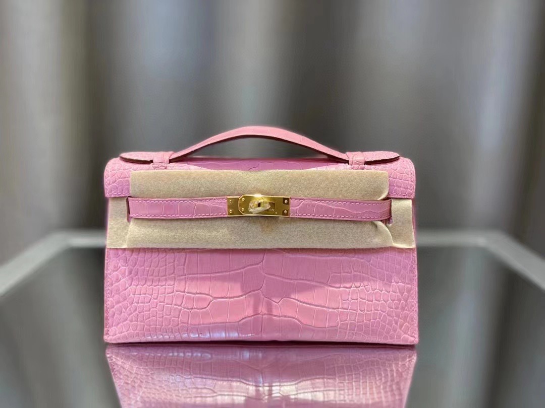 에르메스 켈리 포쉐트 핑크 금장 악어가죽